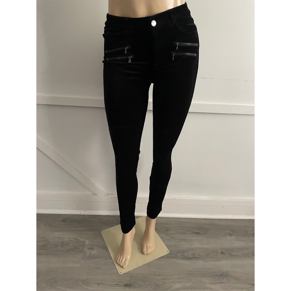 Paige Black Velvet Skinny Moto Pants High Rise Edgemount Zipper Detail 28